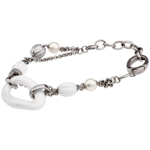 Fossil Women's Two Tone Pearl White and Silver 6" Bracelet JF86236040